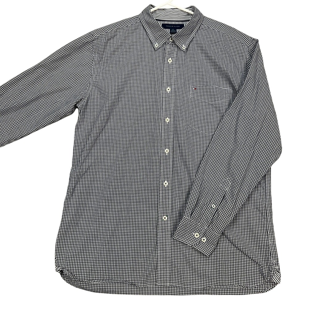 Tommy Hilfiger Mens Shirt L Long Sleeve Button Down Gray Gingham Check Flip Cuff